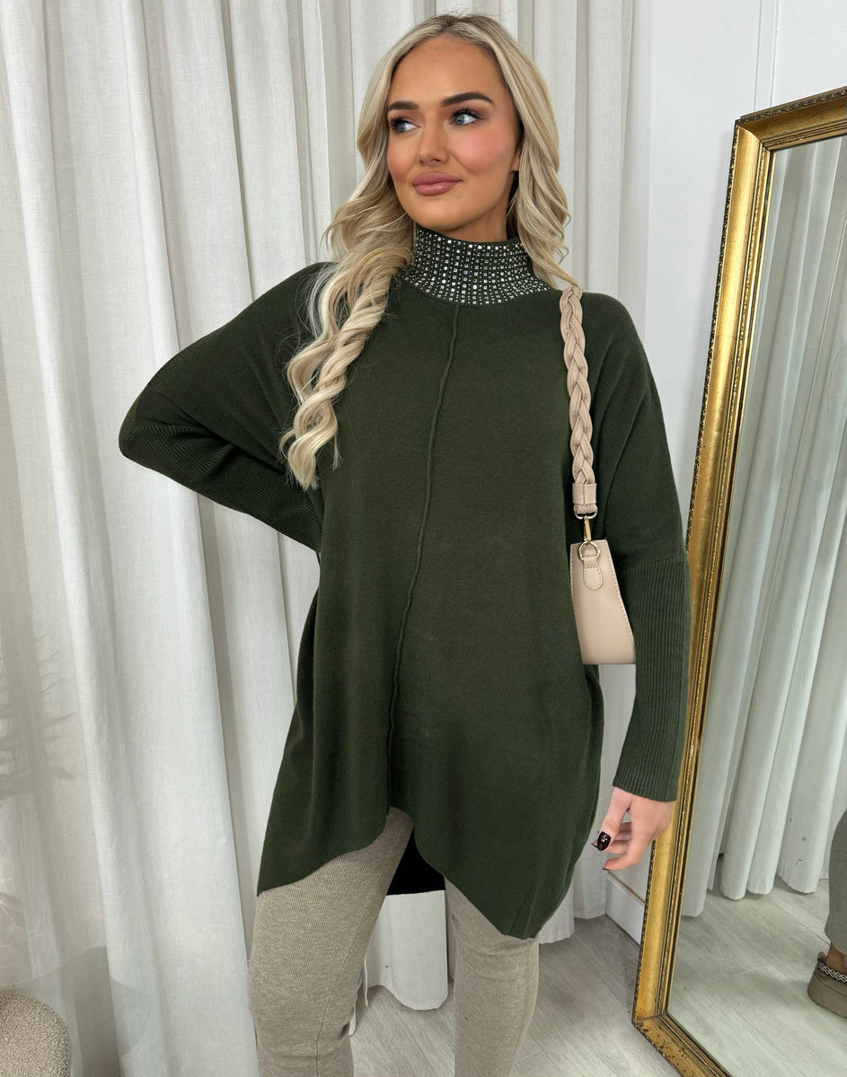 Rhinestone Detail High Neck Knitted Jumper