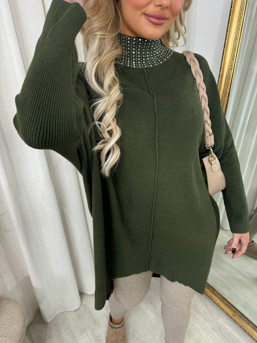 Rhinestone Detail High Neck Knitted Jumper