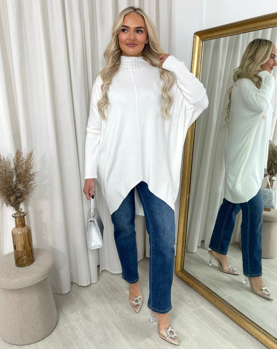 Rhinestone Detail High Neck Knitted Jumper