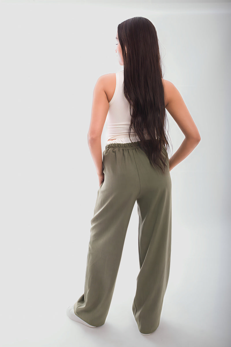 Double Waist Band Drawstring Wide Leg Trousers