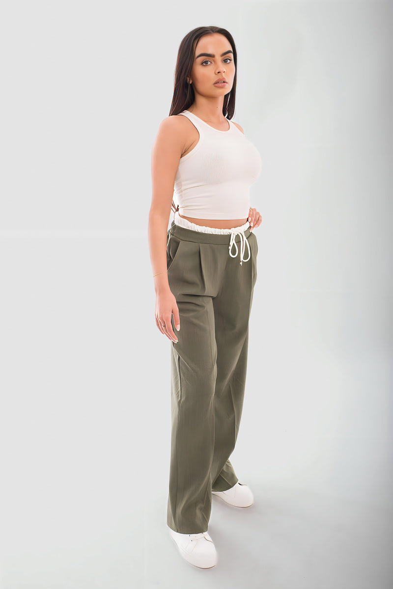Double Waist Band Drawstring Wide Leg Trousers