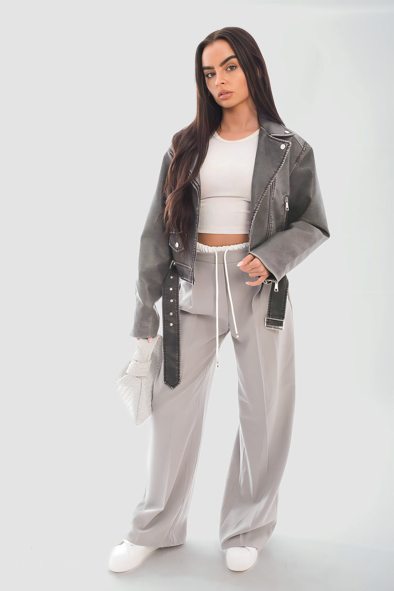 Double Waist Band Drawstring Wide Leg Trousers