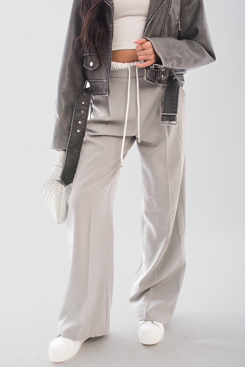 Double Waist Band Drawstring Wide Leg Trousers