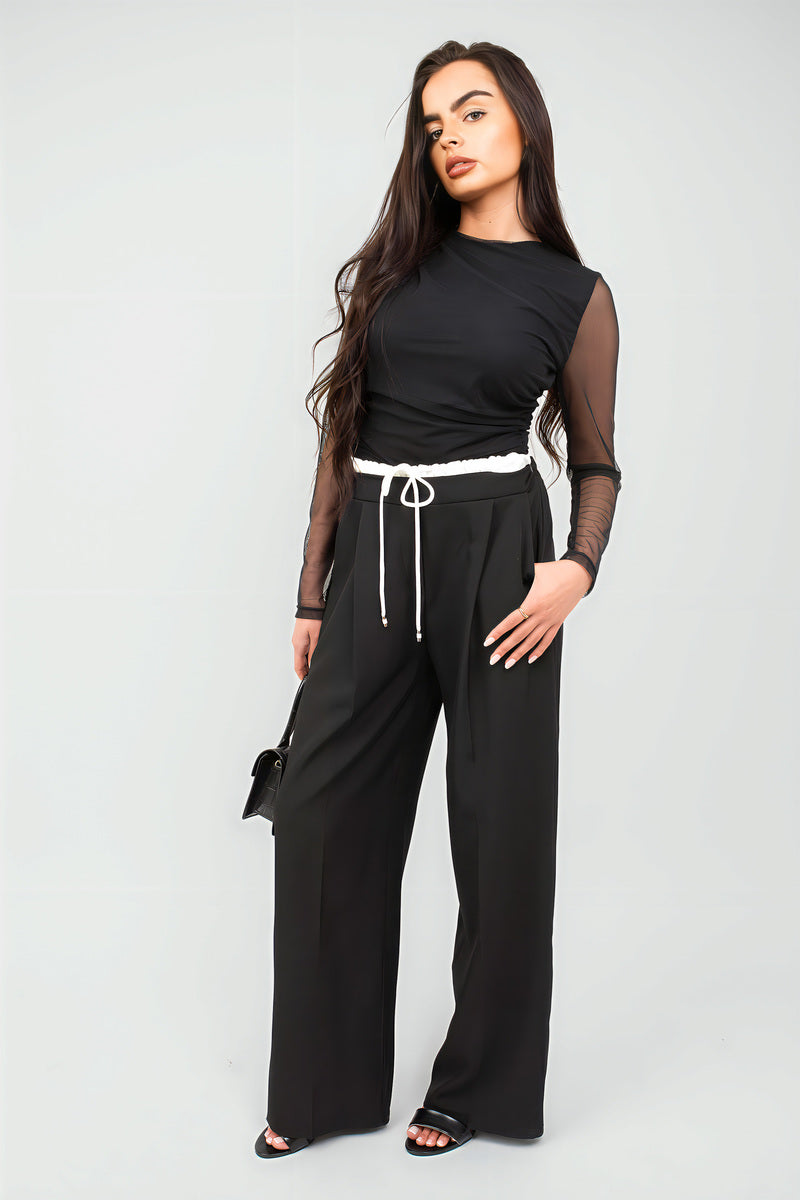 Double Waist Band Drawstring Wide Leg Trousers
