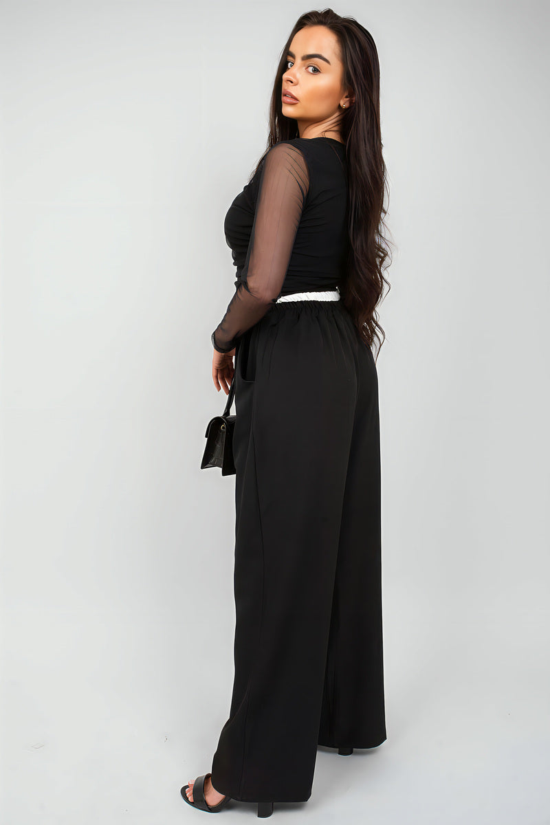 Double Waist Band Drawstring Wide Leg Trousers