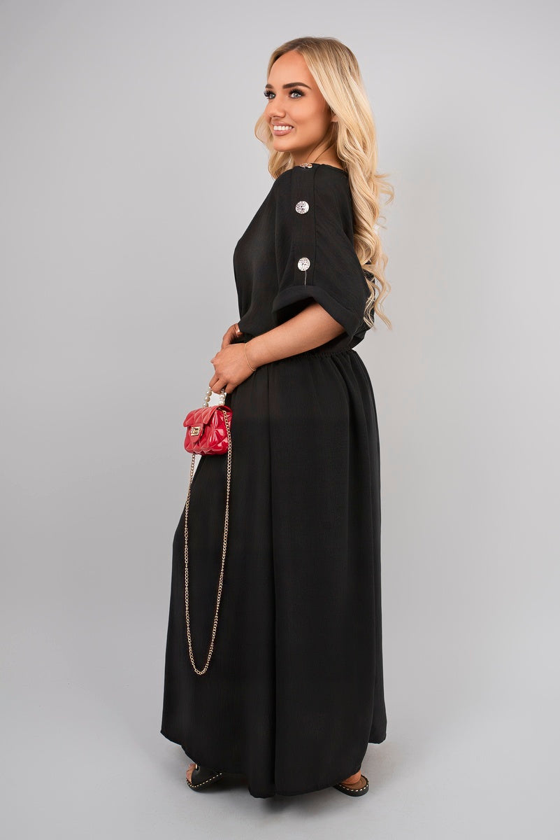 V Neck Short Sleeve Maxi Dress with Button Detail
