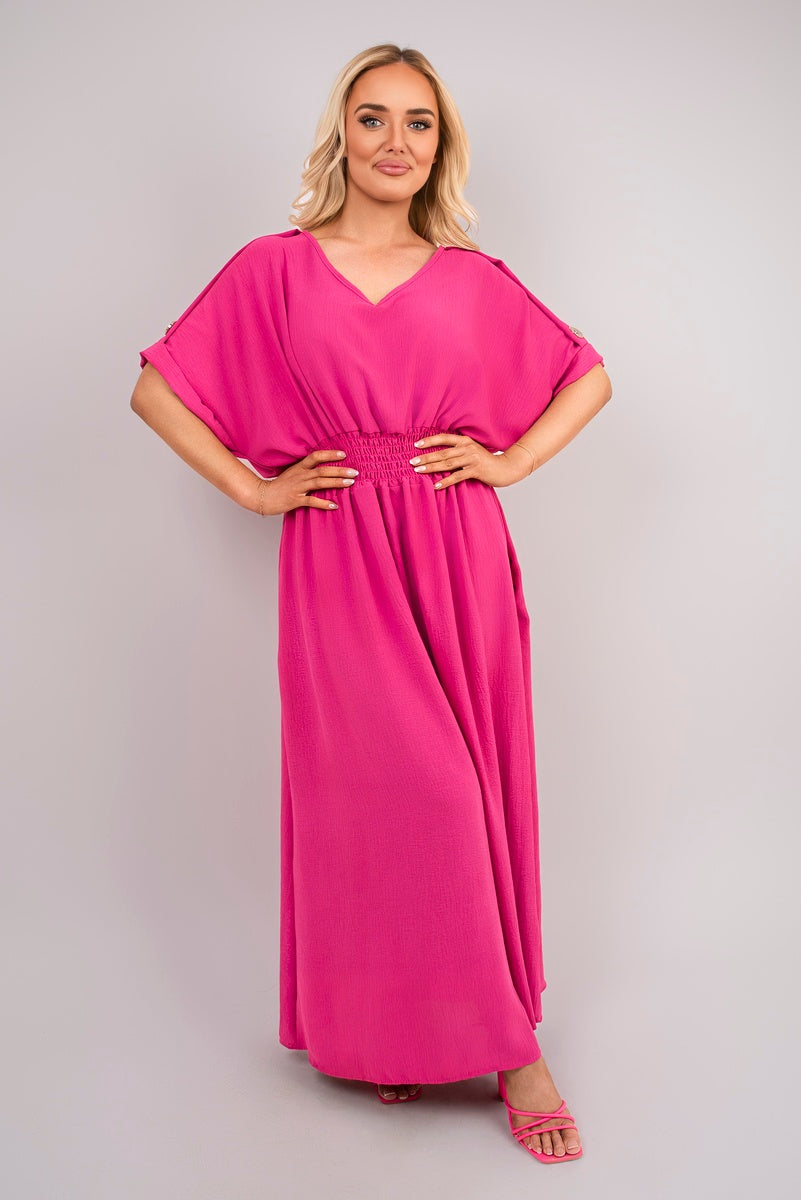 V Neck Short Sleeve Maxi Dress with Button Detail