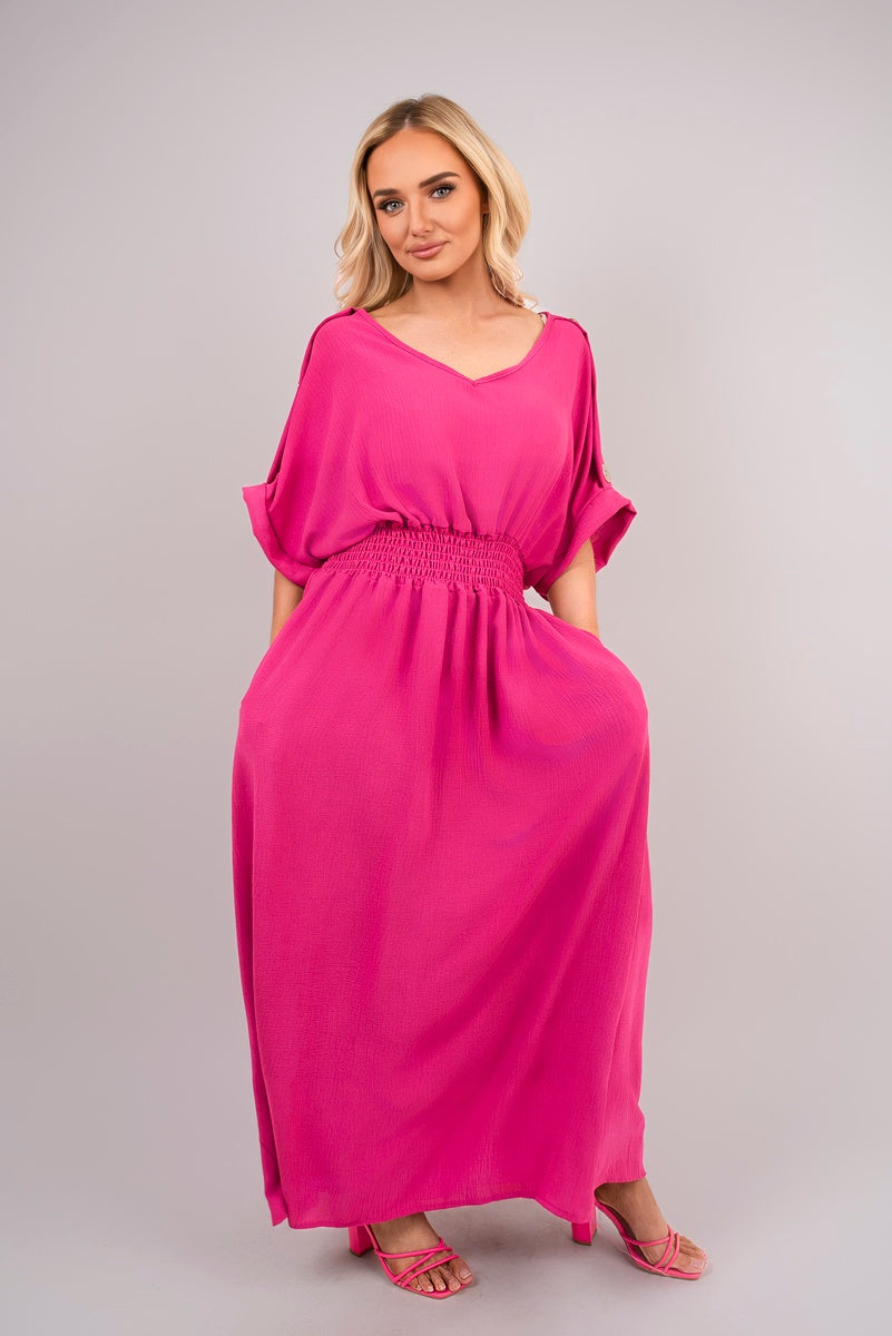 V Neck Short Sleeve Maxi Dress with Button Detail