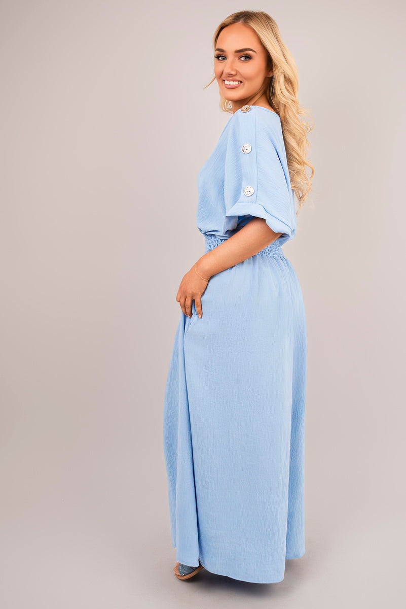 V Neck Short Sleeve Maxi Dress with Button Detail