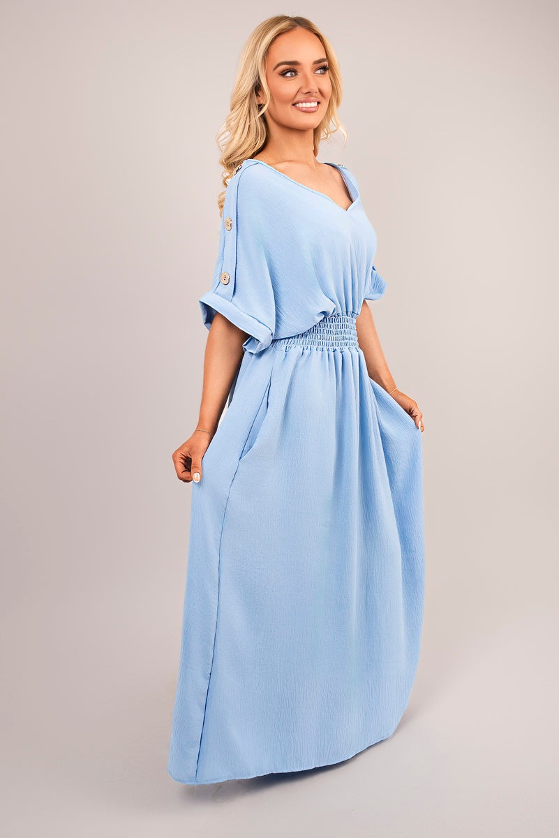 V Neck Short Sleeve Maxi Dress with Button Detail