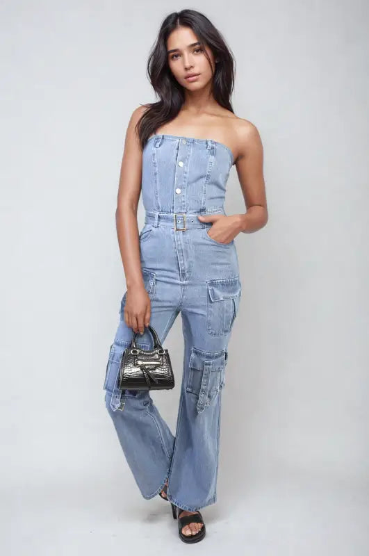 Multi Pockets Strapless Cargo Jumpsuit - Elite Urban