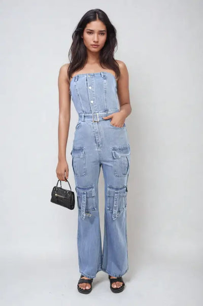 Multi Pockets Strapless Cargo Jumpsuit - Elite Urban