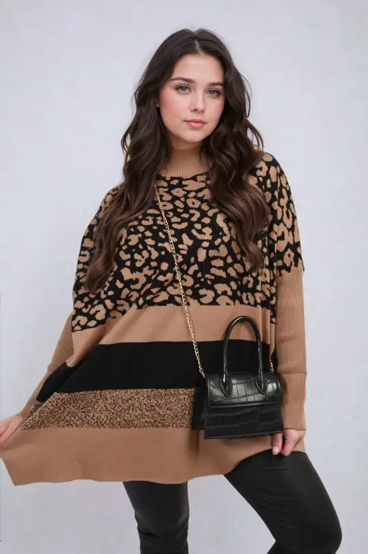 Oversized Leopard Print High Neck Knitted Jumper - Elite Urban