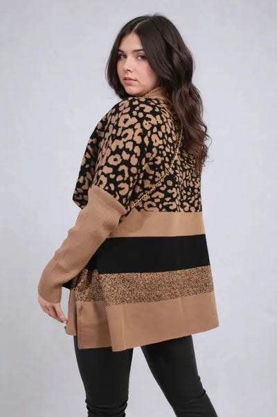 Oversized Leopard Print High Neck Knitted Jumper - Elite Urban