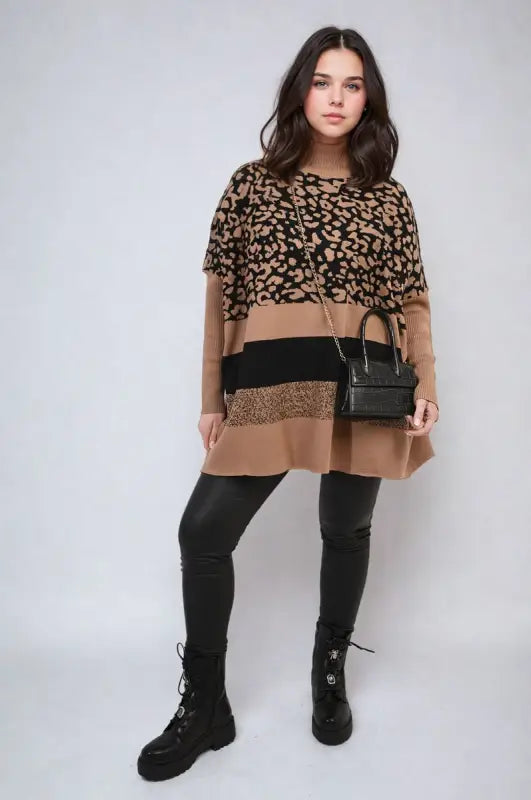 Oversized Leopard Print High Neck Knitted Jumper - Elite Urban