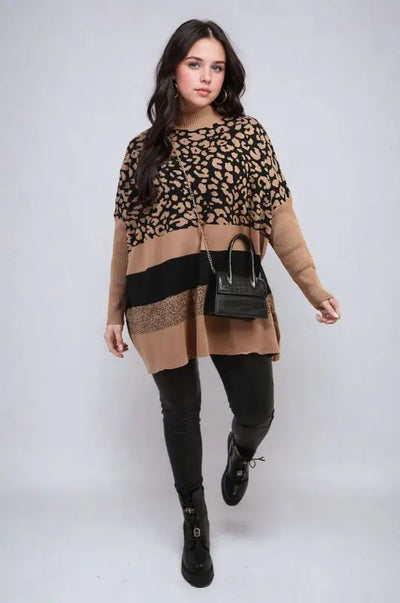 Oversized Leopard Print High Neck Knitted Jumper - Elite Urban