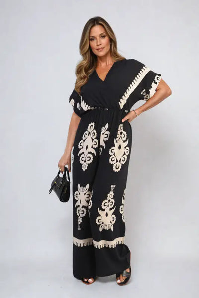 Printed Cross Front Wide Leg Jumpsuit - Elite Urban