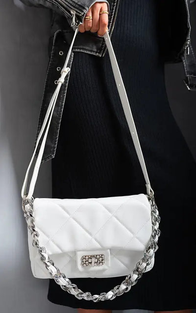 Quilted Crossbody Bag with Chain Strap - White / 1SIZE