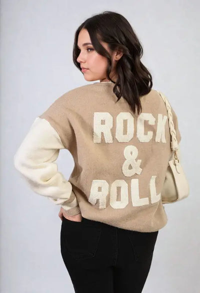 Round Neck Rock & Roll Print Knitted Jumper - Elite Urban