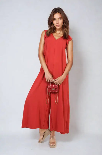 Ruffle Sleeve V-Neck Loose Waist Wide Leg Jumpsuit - Elite Urban