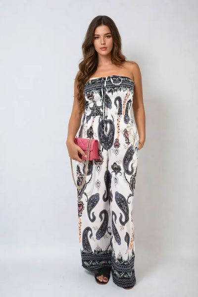 Shirred Strapless Printed Jumpsuit - Elite Urban