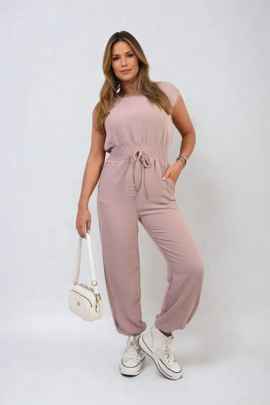 Short Sleeve Cinched Waist Jumpsuit - Elite Urban