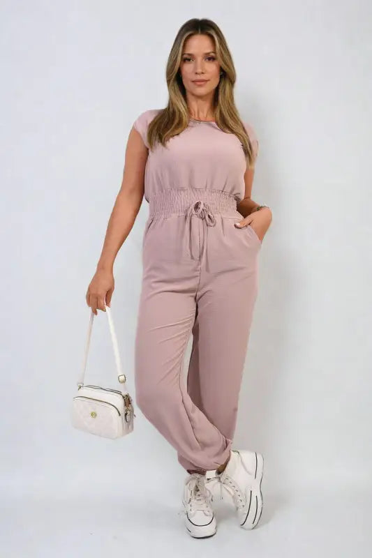 Short Sleeve Cinched Waist Jumpsuit - Elite Urban