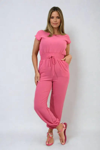 Short Sleeve Cinched Waist Jumpsuit - Elite Urban