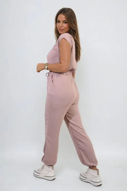 Short Sleeve Cinched Waist Jumpsuit - Elite Urban