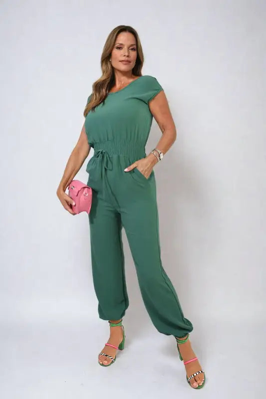 Short Sleeve Cinched Waist Jumpsuit - Elite Urban