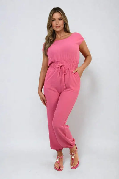 Short Sleeve Cinched Waist Jumpsuit - Elite Urban