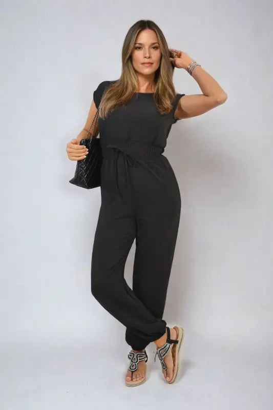 Short Sleeve Cinched Waist Jumpsuit - Elite Urban