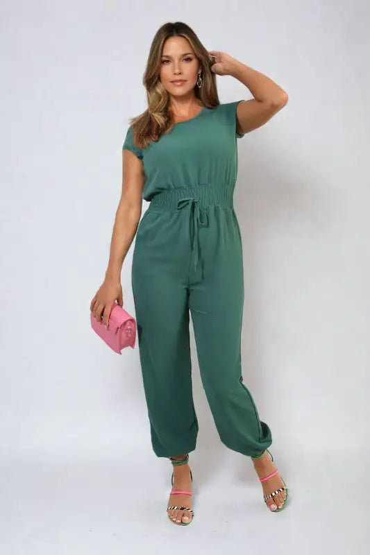 Short Sleeve Cinched Waist Jumpsuit - Elite Urban