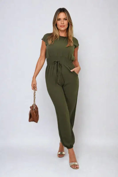 Short Sleeve Cinched Waist Jumpsuit - Elite Urban