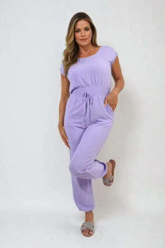 Short Sleeve Cinched Waist Jumpsuit - Elite Urban