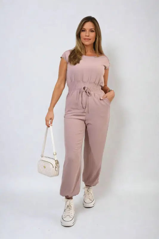 Short Sleeve Cinched Waist Jumpsuit - Elite Urban