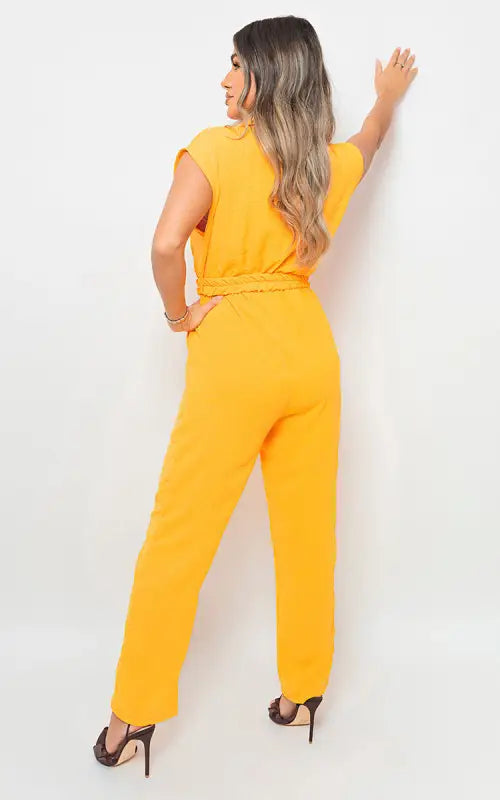 Short Sleeve Wrap Front Belted Jumpsuit - Elite Urban