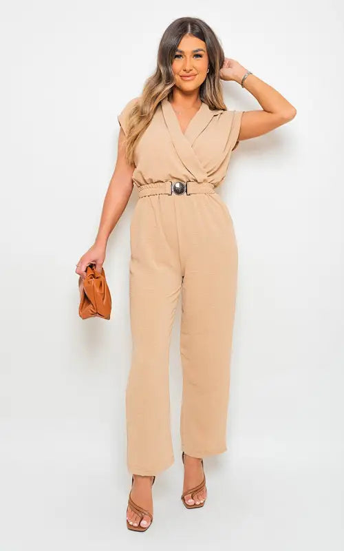 Short Sleeve Wrap Front Belted Jumpsuit - Elite Urban