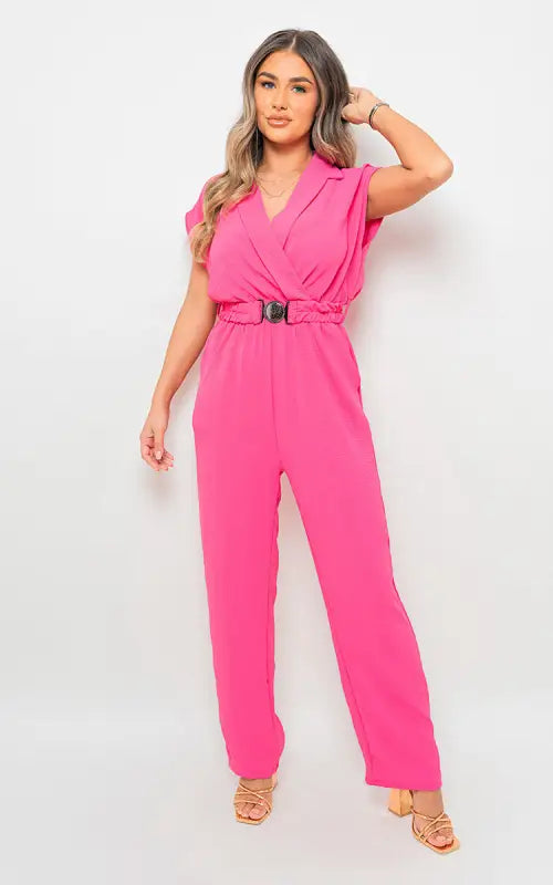 Short Sleeve Wrap Front Belted Jumpsuit - Elite Urban