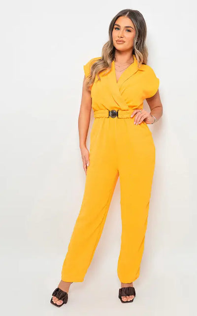 Short Sleeve Wrap Front Belted Jumpsuit - Elite Urban