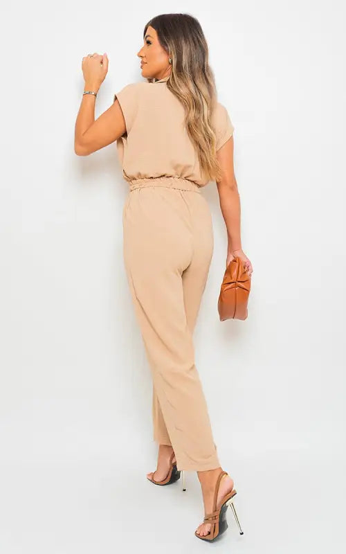 Short Sleeve Wrap Front Belted Jumpsuit - Elite Urban