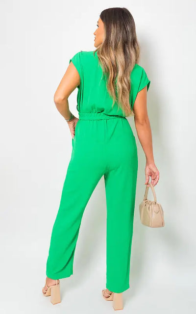 Short Sleeve Wrap Front Belted Jumpsuit - Elite Urban