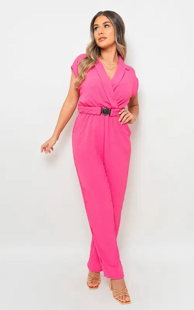 Short Sleeve Wrap Front Belted Jumpsuit - Elite Urban