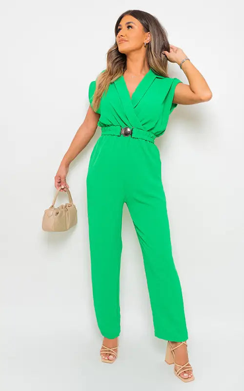 Short Sleeve Wrap Front Belted Jumpsuit - Elite Urban