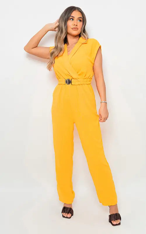 Short Sleeve Wrap Front Belted Jumpsuit - Elite Urban