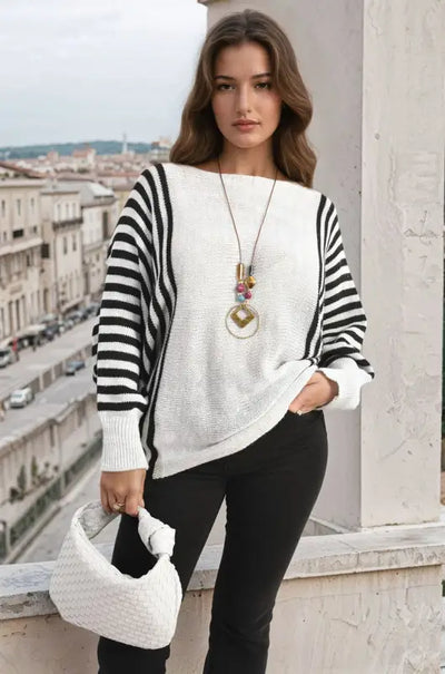 Striped Batwing Long Sleeve Knitted Jumper - Elite Urban