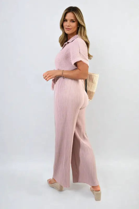 Tie Waist Short Sleeve Pleated Jumpsuit - Elite Urban