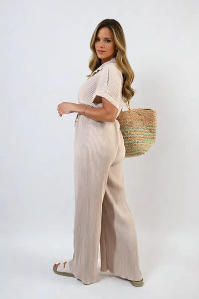 Tie Waist Short Sleeve Pleated Jumpsuit - Elite Urban