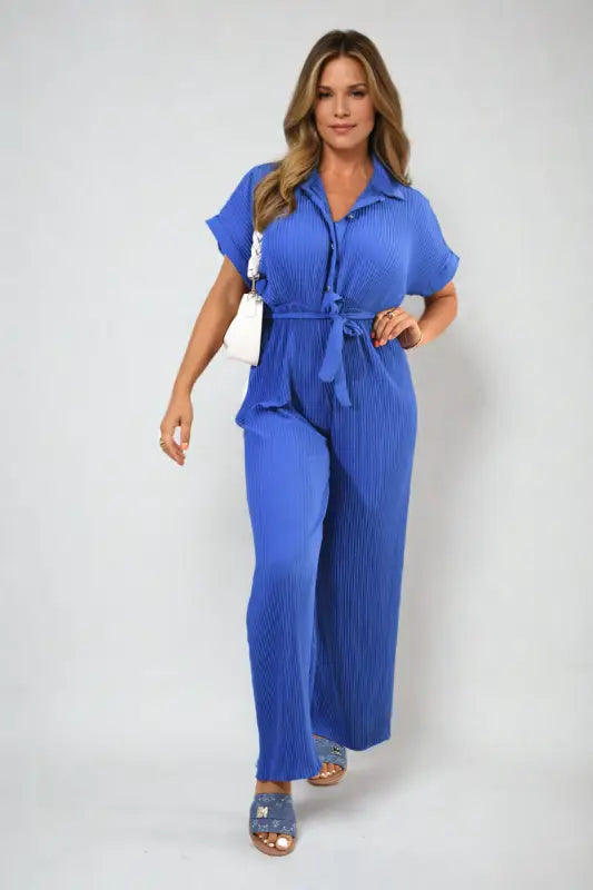 Tie Waist Short Sleeve Pleated Jumpsuit - Elite Urban