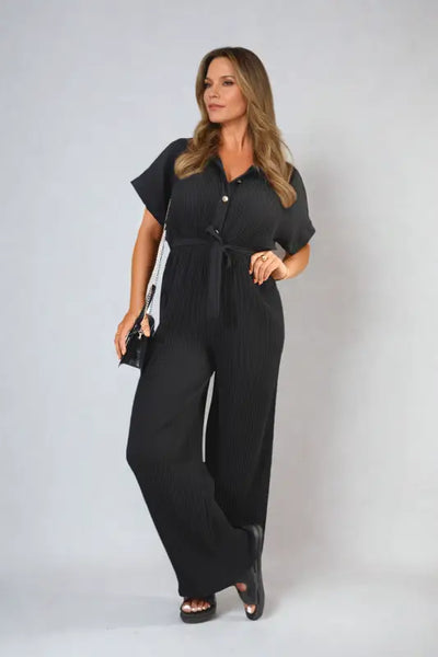 Tie Waist Short Sleeve Pleated Jumpsuit - Elite Urban